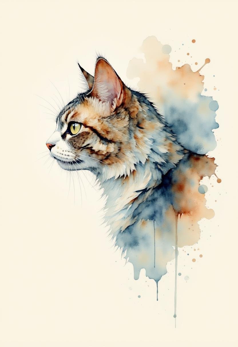 A watercolor painting of a cat head. The cat is facing towards the right side of the image,  with its head turned slightly...