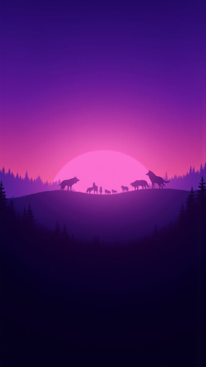 landscape of a The sky is a deep shade of purple as the sun begins to set. In the distance, a group of wolves huddle together, their shadows dancing across the landscape. aidmaimageupgrader