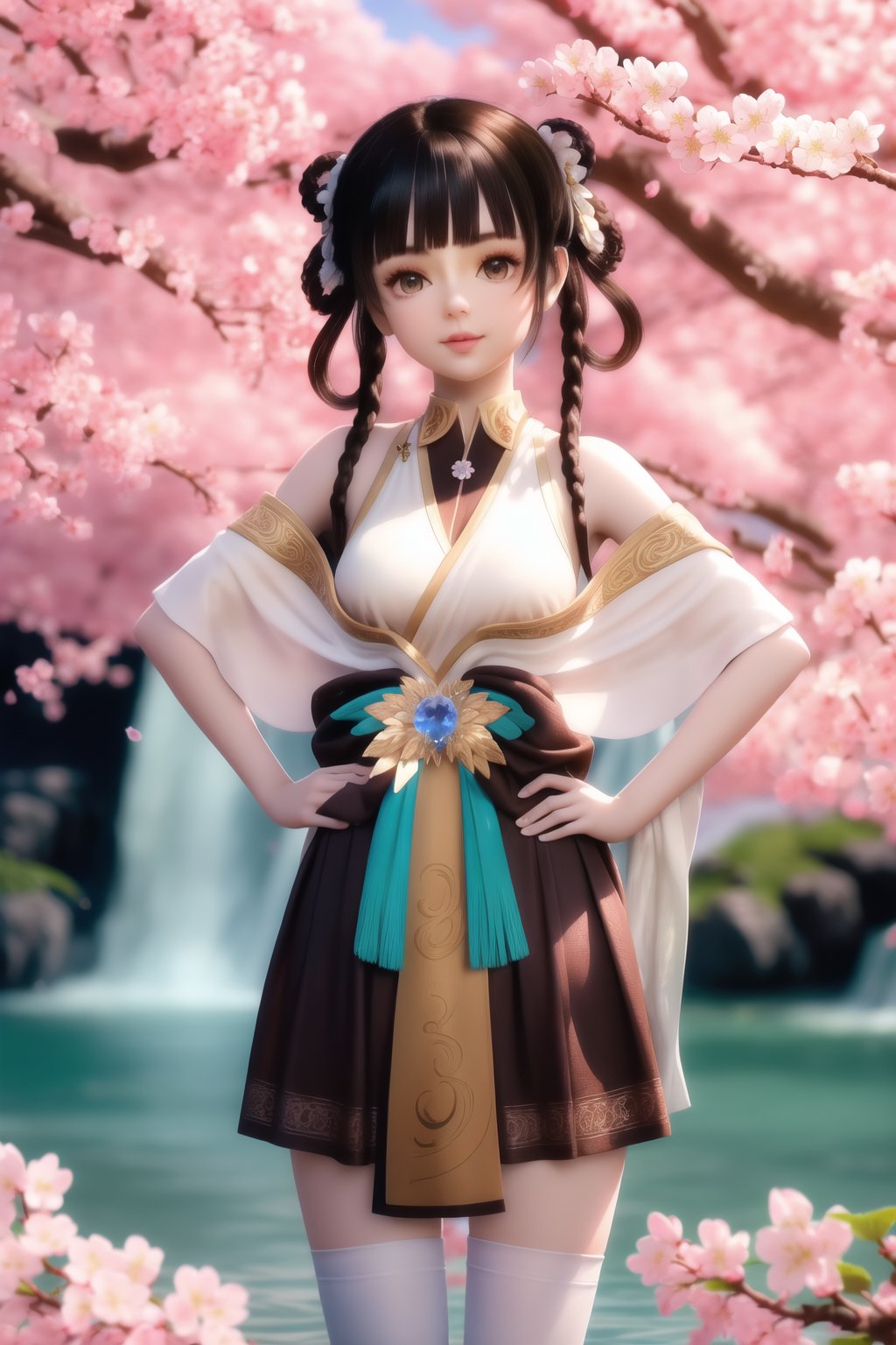 kneeling,looking at viewer,waterfall,(cherry blossoms),(milfeulle sakuraba),sky,cloud,day,blue sky,petals,water,stone,loudy sky,1girl, solo, thighhighs, hands on hips, hair rings, braid, looking at viewer, white thighhighs, bangs, black hair, blurry, twin braids, long hair, leaf, skirt, bare shoulders, brown hair, smile, blunt bangs, brown eyes, standing, lips, cowboy shot, jewelrynail polish,photo_\(medium\),makeup,(8k, RAW photo, best quality, masterpiece:1.2),realistic,photorealistic:1.3,ultra-detailed,extremely detailed cg 8k wallpaper,(crystalstexture skin:1.2),extremely delicate and beautiful,<lora:幻梦2号_小天师_1.0:0.8>,