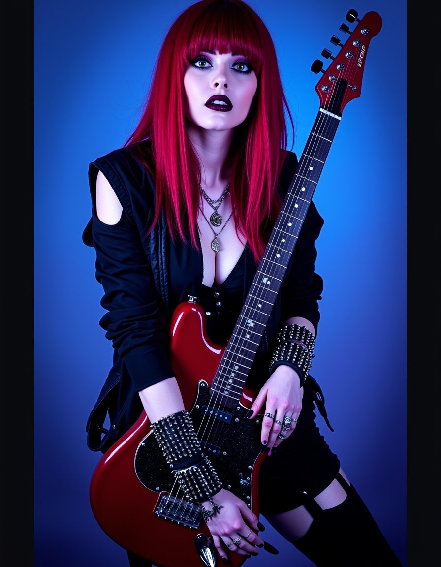 mggs, cinematic, full body shot of a beautiful rocker girl, looking at the camera in a sensual way, spiked bracelets, holding a guitar,silver necklace, wearing boots,colors: blue, purple, magenta and red,  photorealistic, real photography, 4k, ultra realistic,   <lora:metal-gothic-girls:1>, Photorealistic, Hyperrealistic, Hyperdetailed, analog style, soft lighting, subsurface scattering, realistic, heavy shadow, masterpiece, best quality, ultra realistic, 8k, golden ratio, Intricate, High Detail, film photography, soft focus, RAW candid cinema, 16mm, color graded portra 400 film, remarkable color, ultra realistic, textured skin, remarkable detailed pupils, realistic dull skin noise, visible skin detail, skin fuzz, dry skin, shot with cinematic camera