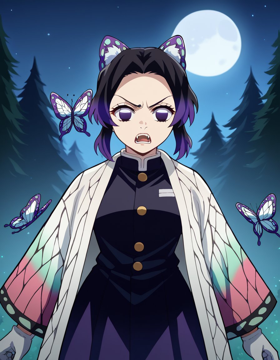 score_9, score_8_up, score_7_up, source_anime, <lora:shinobu-kochou-anime-ponyxl-lora-nochekaiser:1>, shinobu kochou, animal print, black hair, butterfly, butterfly hair ornament, butterfly print, forehead, gradient hair, hair ornament, haori, multicolored hair, parted bangs, purple hair, short hair, two-tone hair, medium breasts, <lora:werewolf-ponyxl-lora-nochekaiser:1>, werewolf, furry, fangs, animal ears, gloves, angry, teeth, animal ear fluff,, forest, night, moon, open mouth,, cowboy shot