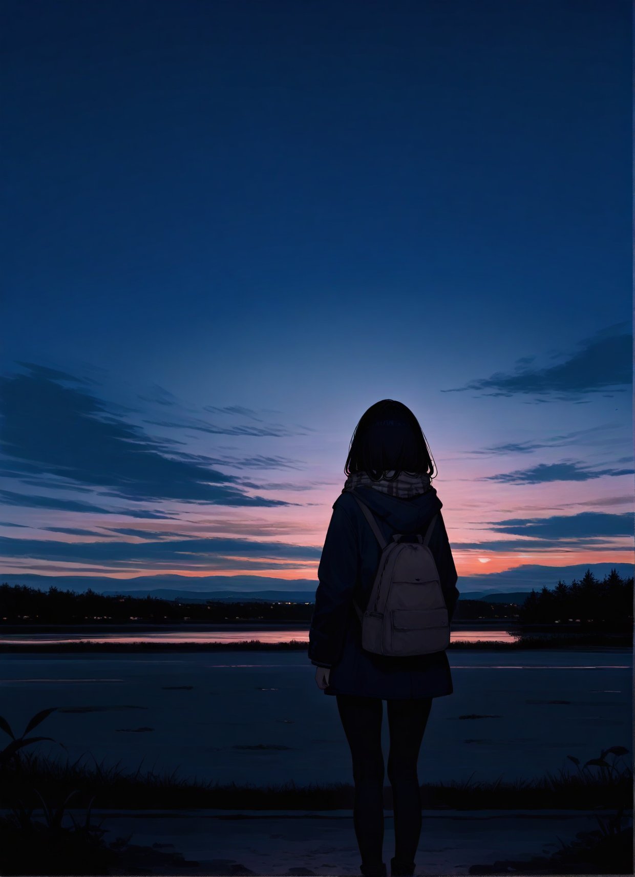 1girl,solo,sky,cloud,outdoors,scenery,black hair,grass,from behind,long hair,standing,cloudy sky,dark,hood,sunset,bag,jacket,night,scarf,long sleeves,facing away,, best quality,amazing quality,very aesthetic,absurdres,beast quality,masterpiece,