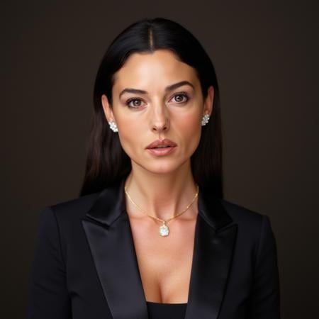 High quality passport photo of a woman wearing a suit and tie looking directly at the camera with her mouth closed and a neutral expression. She is also wearing a delicate gold chain and some understated diamond earrings. ,<lora:monbellucci_local_flux_1_standard-000038:1>