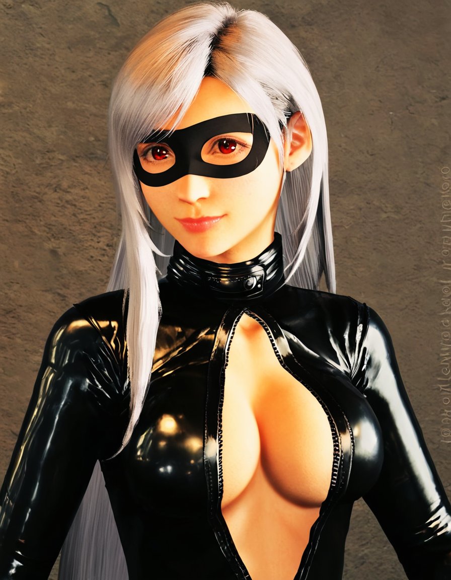 TifaCatsuit, Create a high-resolution digital portrait of a young woman with long silver hair, wearing a sleek black leather catsuit with a front zipper. She has a subtle, adoring expression, and is wearing a black cat eye mask that adds a mysterious vibe. The background is a dark, industrial setting with dim lighting that highlights the glossiness of her outfit. The scene has a cinematic, neo-noir style with soft shadows, emphasizing her features and the texture of her suit, <lora:TifaCatsuit_Kohya_SS_Defalut:1>