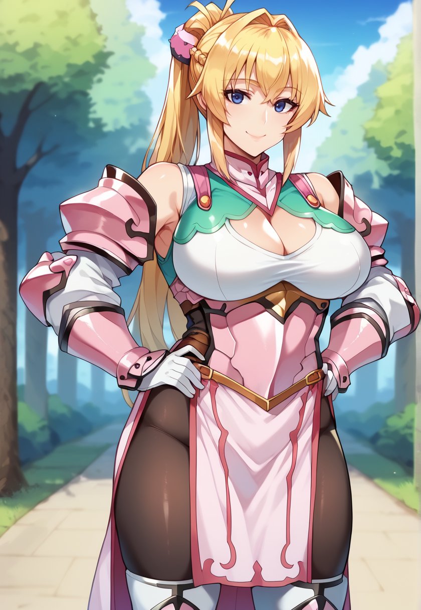 <lora:ButaAnriettaNSLT:1>ButaAnrietta, blonde hair, long hair, ponytail, hair ornament, blue eyes, large breasts, cleavage, bare shoulders, clothing cutout,  cleavage cutout, black pantyhose, gloves, knight, white thighhighs, armor,  detached sleeves, pelvic curtain, looking at viewer, happy, outdoors, hands on own hips,, 16k, masterpiece, absurdes, highly detailed, highres, high quality, best quality, score_9, score_8_up, score_7_up, score_6_up, shiny, shiny skin, shiny hair