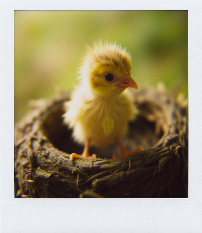 Polaroid of A baby bird in a nest with soft, fluffy feathers and small black beady eyes, delicate features and tiny but fully formed toes. Clean, photorealistic, detailed, pristine, sharp, volumetric lighting, pleasant, warm, mid-morning, glancing, glow, dewdrops, puffy, fluffed, curious, chirp, shadow, flecked, downy, hatchling, preen, yawning, aviary, peering, postcard, memento, locket, shimmer, docile, gentleness, tender, precious, vivid, colorful <lora:Polaroid_Flux:1.0><lora:ComfyUI_30012_:0>