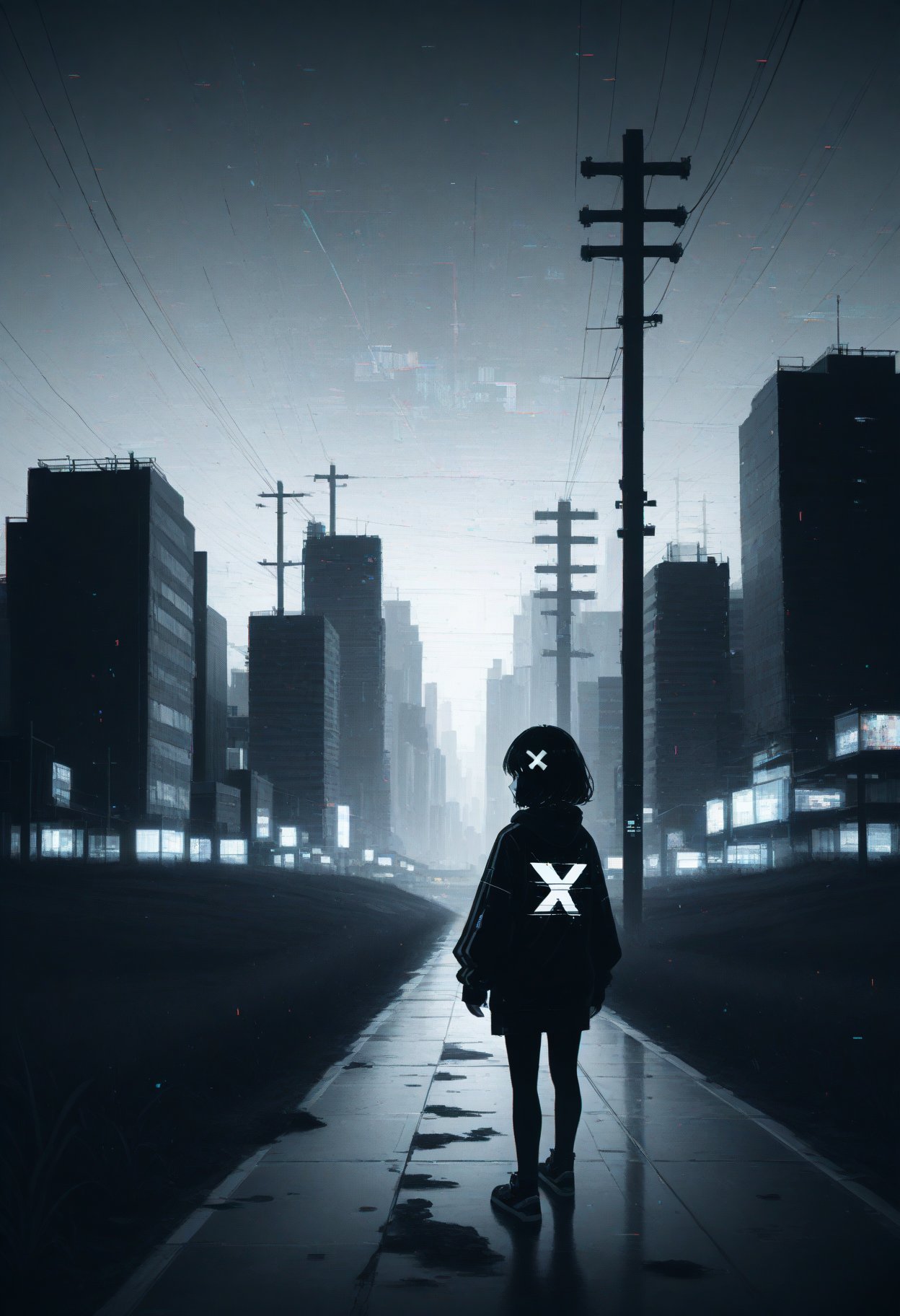 score_9,score_8_up,score_7_up,1girl,looking at viewer,full body shot,sleeves,full body,:d,glitch art,glitching,glitch,scanlines,monochrome,outdoors,power lines,wide shot,reddish sky,grass,hill,expressionless,x hair ornament,city lights in background,city in background,skyscraper in background,skyline,stylish,dark theme,