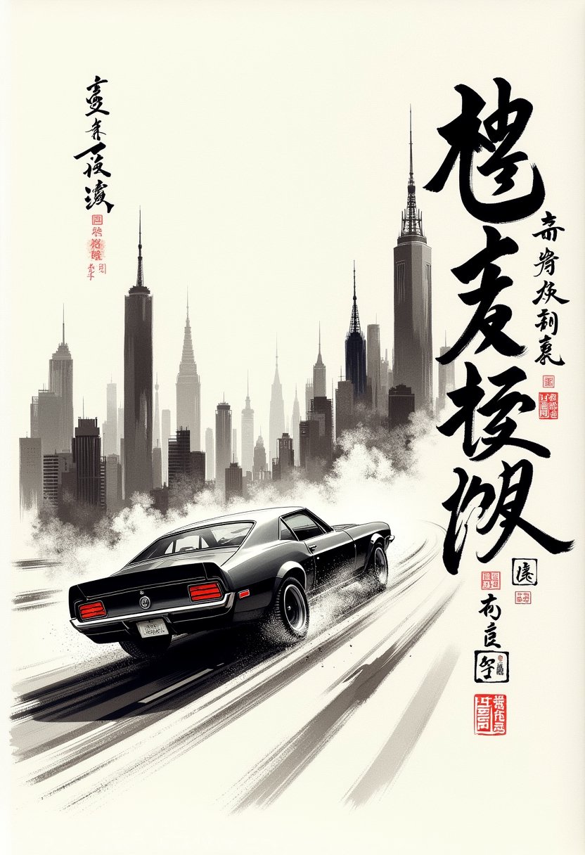 monochrome Chinese text and smudged and faded ink brush style,  a car racing past a city with towers and buildings in a fa...