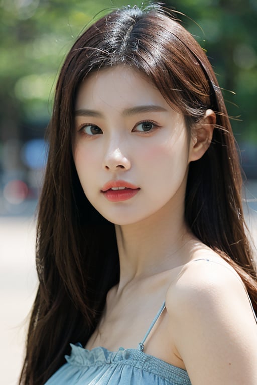 masterpiece, best quality, ultra-detailed, ultra high res, (photorealistic:1.4), raw photo, (realistic:0.2), 8k HDR, realistic cool temperature lighting, (asian:0.2), 1girl, solo, asymmetrical hair, outdoor, day, (simple background:1.2), bokeh, (detailed lips), (detailed pores), (detailed skin textures), (detailed face:1.2), (upper body:1.2), a woman in a sundress with frills, promotional image, a character portrait, 