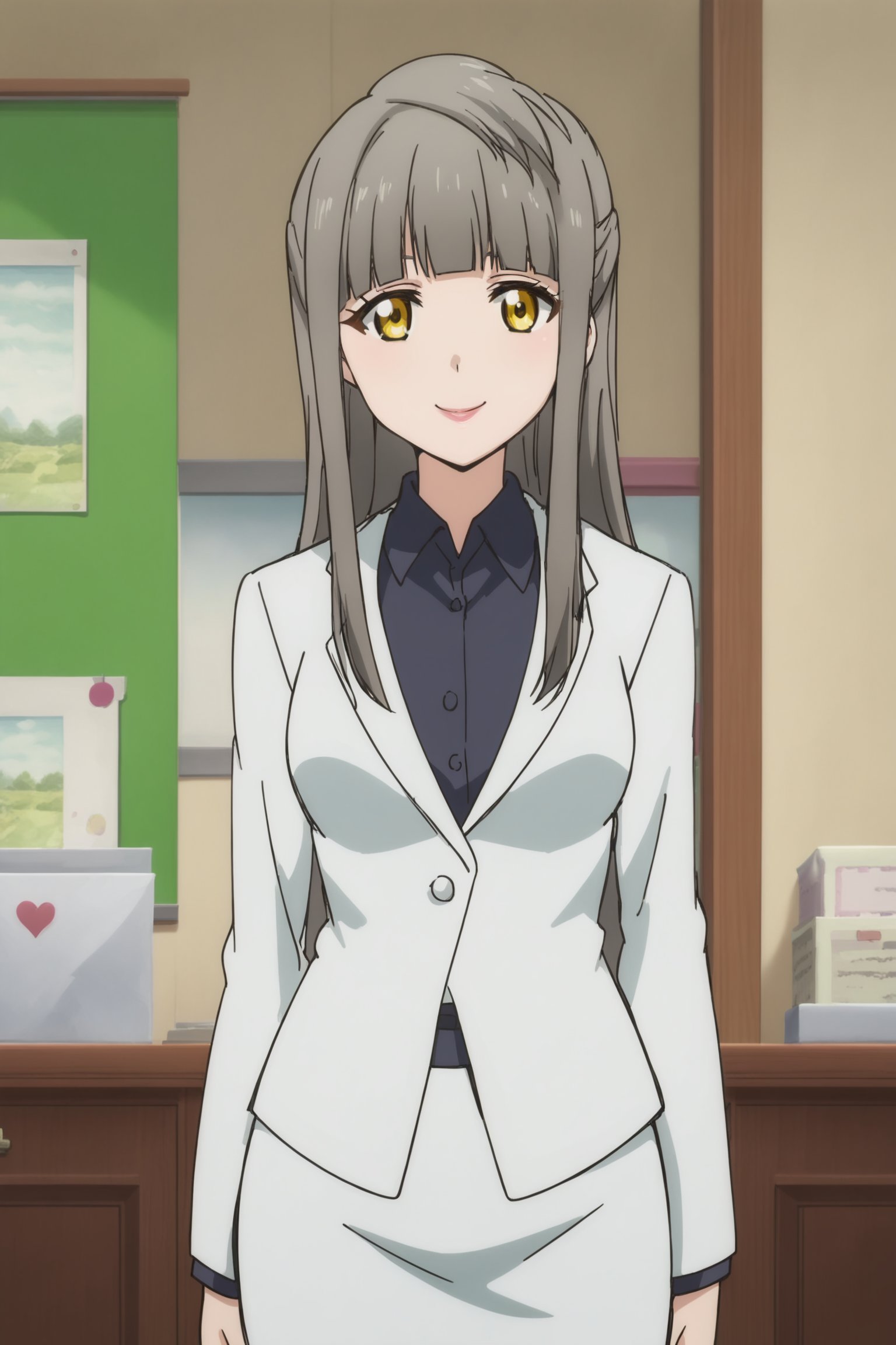 score_9, score_8_up, score_7_up, score_6_up, BREAK, source_anime, rating_explicit, masterpiece, best quality, perfect lighting, detailed background, anime screencap,in an office, <lora:Director_Minami:.8>Long hair, half updo, bangs, grey hair, yellow eyes, pencil skirt, formal, skirt suit,standing, looking at the viewer, gentle smile, full body shot