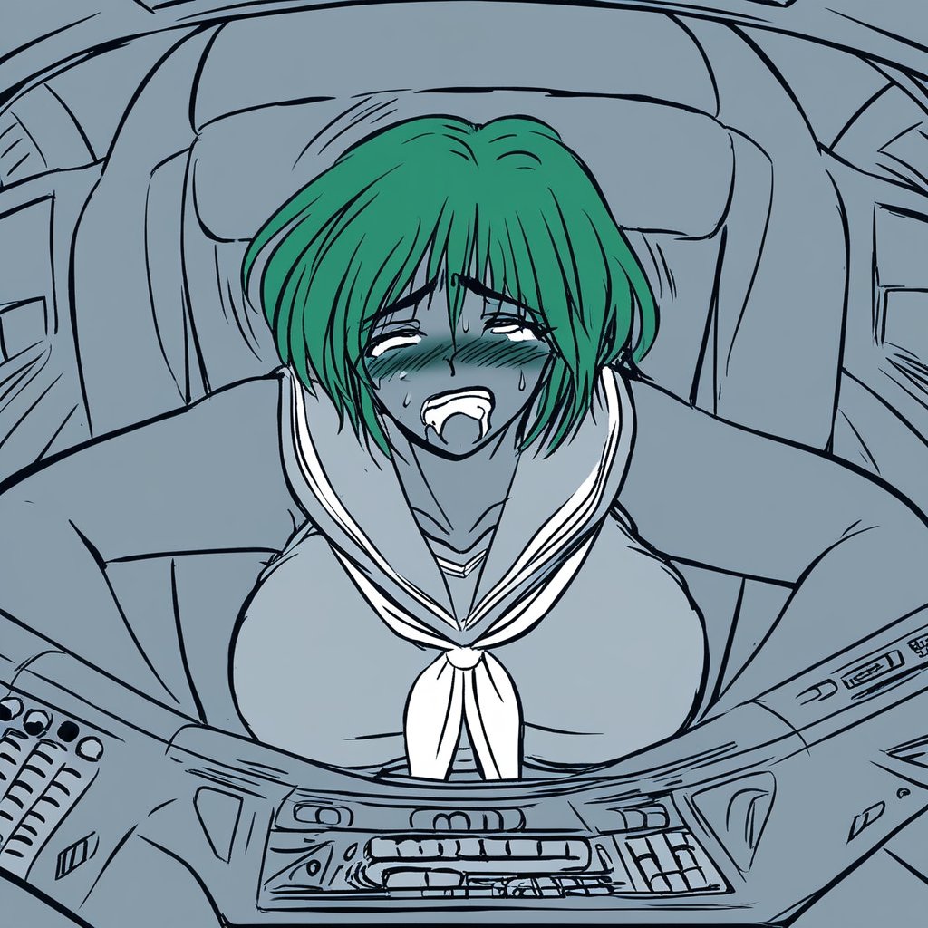 neckerchief, solo focus, vest, large breasts, brown skirt, miniskirt, dark skin, greyscale, green hair, sailor collar, blush, fucked silly, lineart, cockpit, dark-skinned female