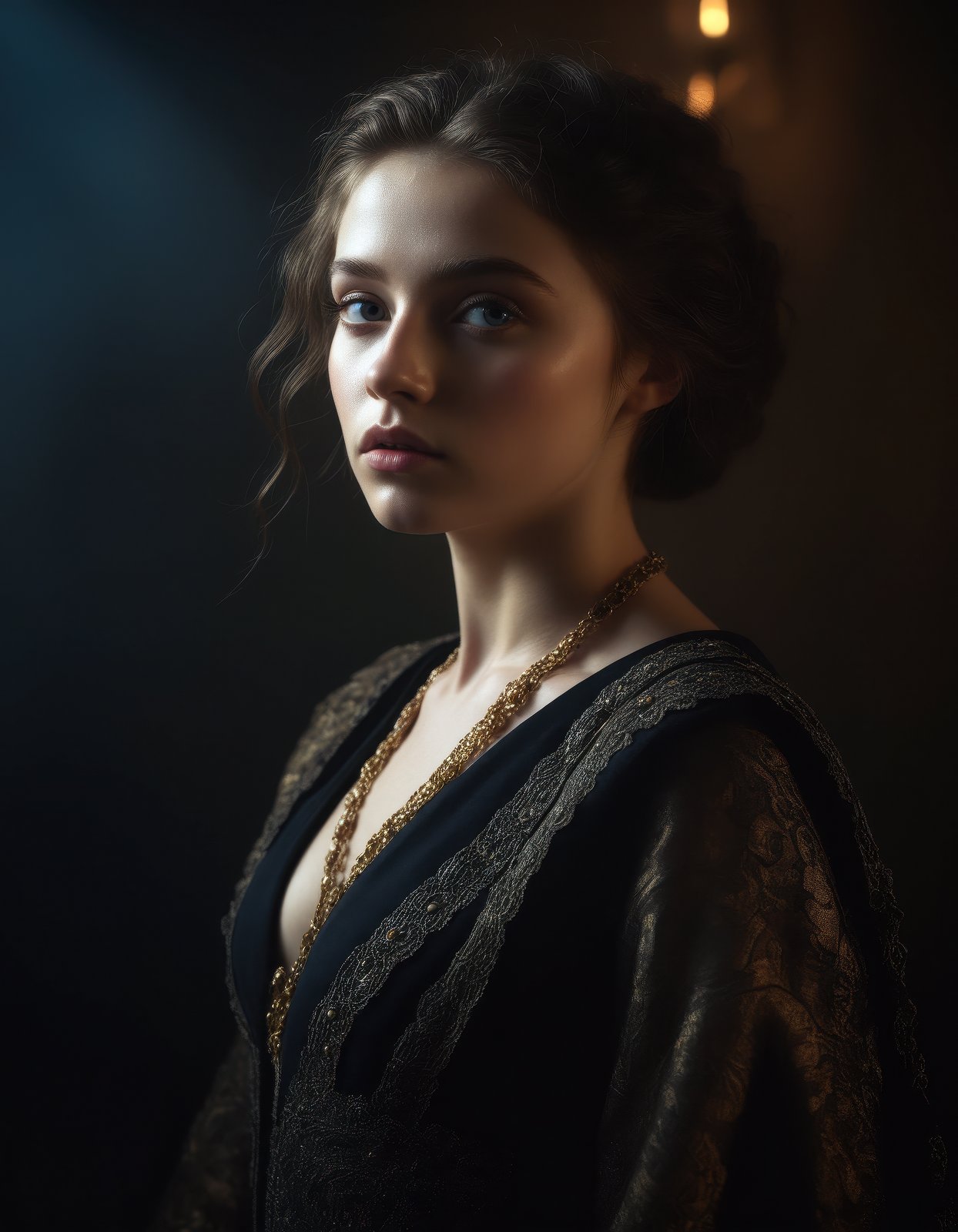 award-winning masterpiece, vogue style, An astonishing young woman in her 20s adorned in stylish high-fashion looks, high-quality, super-detailed, Rembrandt lighting, bright eyes, in the style of dark cinematic fine-art portraits, dramatic lighting, soft shadows, rich textures, moody atmosphere 