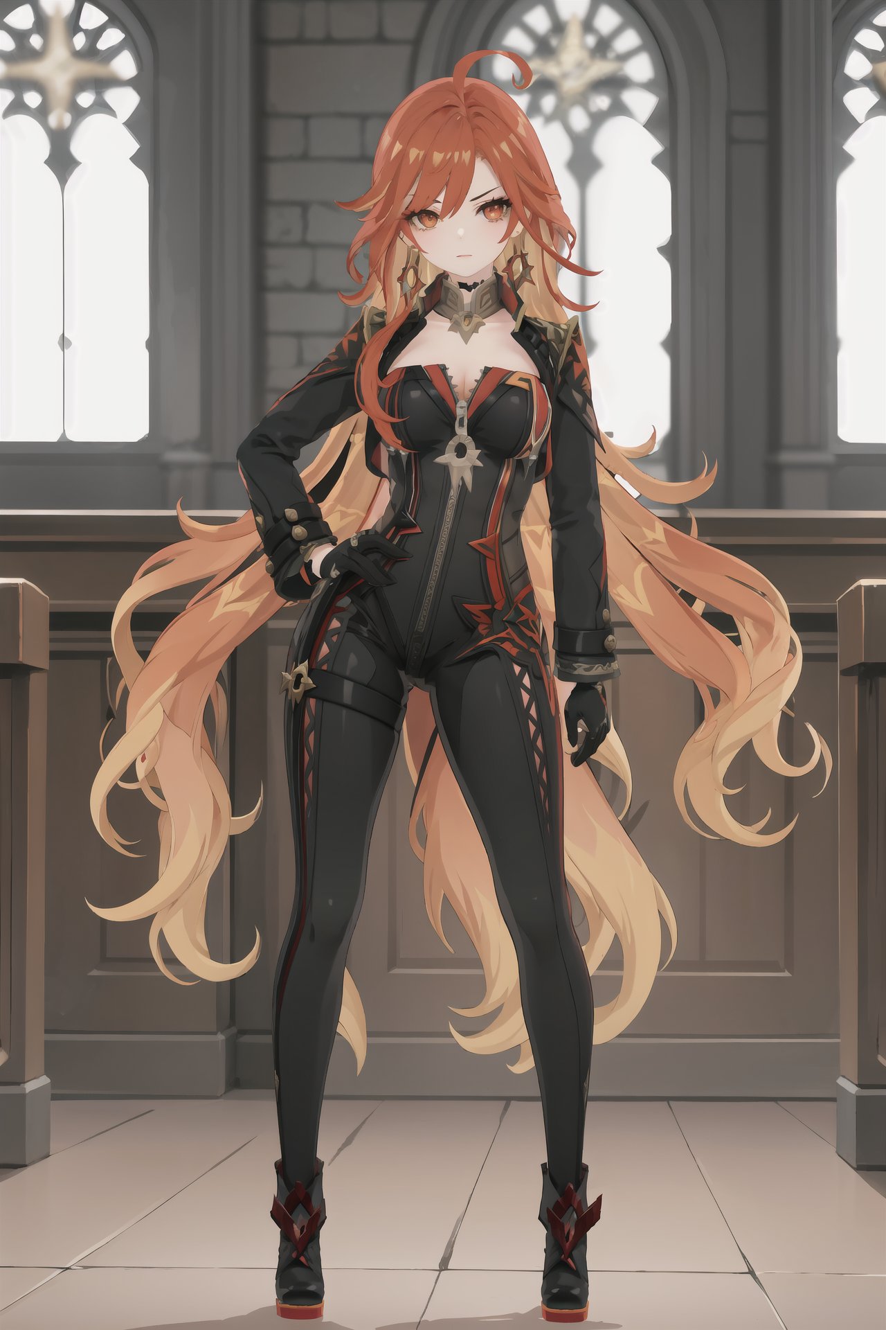 1girl, mavuika \(genshin impact\), earrings, sunglasses, black bikesuit, black gloves, shrug \(clothing\), metal collar, high heel boots, depth of field, full body, standing, glaring, hand on hip, looking at viewer, church, indoors