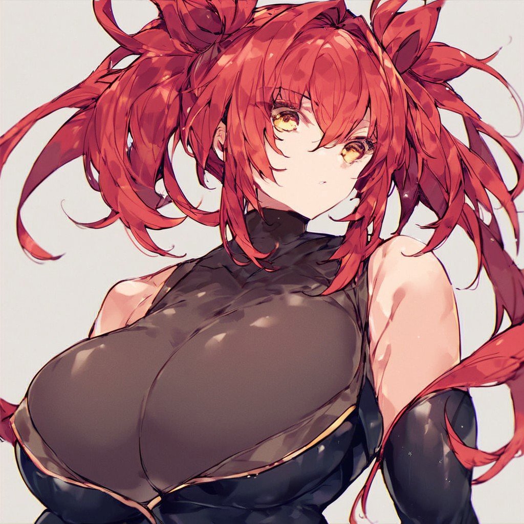 score_9,score_8_up,score_7_up,score_6_up, Stapspats(hisui), Red hair, twintail hair style, spandex bodysuit, cleavage, sexy pose, huge breast, gold eyes,