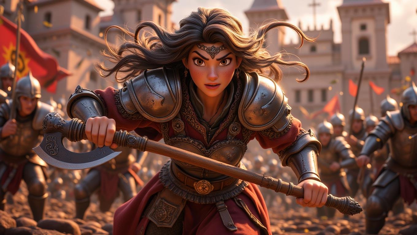 A fierce female warrior, clad in intricately designed armor, charges into battle with a determined expression. She wields a double-edged axe with expert precision, her long hair flowing behind her as she faces her enemies. The battlefield is chaotic, with clashing swords and flying arrows, but the warrior remains focused and unyielding. The style is dynamic and intense, emphasizing the warrior’s strength and the ferocity of medieval combat   <lora:Cute_3d_Cartoon_Flux:0.8>