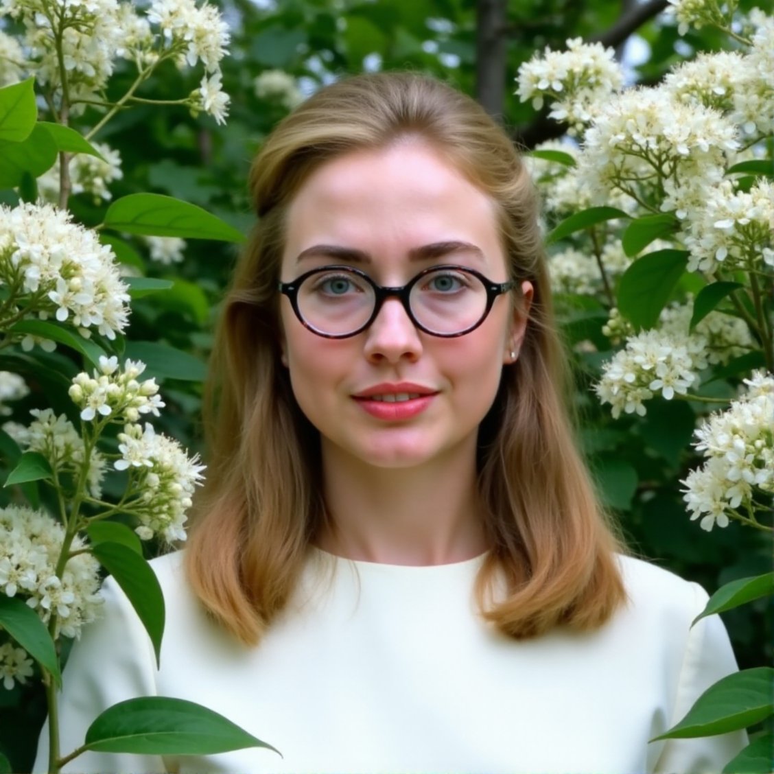 The image is a high-resolution photograph featuring a young woman with a fair complexion and straight, blonde hair that frames her face. Her hair is styled in a sleek bob with a slight side part.she is standing among blooming white flowers, likely in a garden or park setting.  She wears large, black-framed eyeglasses that have a slightly cat-eye shape, giving her a sophisticated look. Her lips are painted a soft, natural pink, and she has a neutral expression on her face.The woman is dressed in a simple, white top, which contrasts subtly with the vibrant green foliage and white flowers around her. The flowers are in full bloom, with delicate white petals and green leaves, creating a lush, natural backdrop that frames her from both sides. The background is slightly out of focus, emphasizing the subject and adding depth to the image.The overall mood of the photograph is serene and natural, with the soft lighting enhancing the delicate textures of the flowers and the smoothness of her skin. The image captures a moment of quiet contemplation or reflection, with the woman standing still amidst the blooming flowers, highlighting the beauty of nature and the human form.,Hillary_Clinton, <lora:Hillary_Clinton_Flux_V1:1>