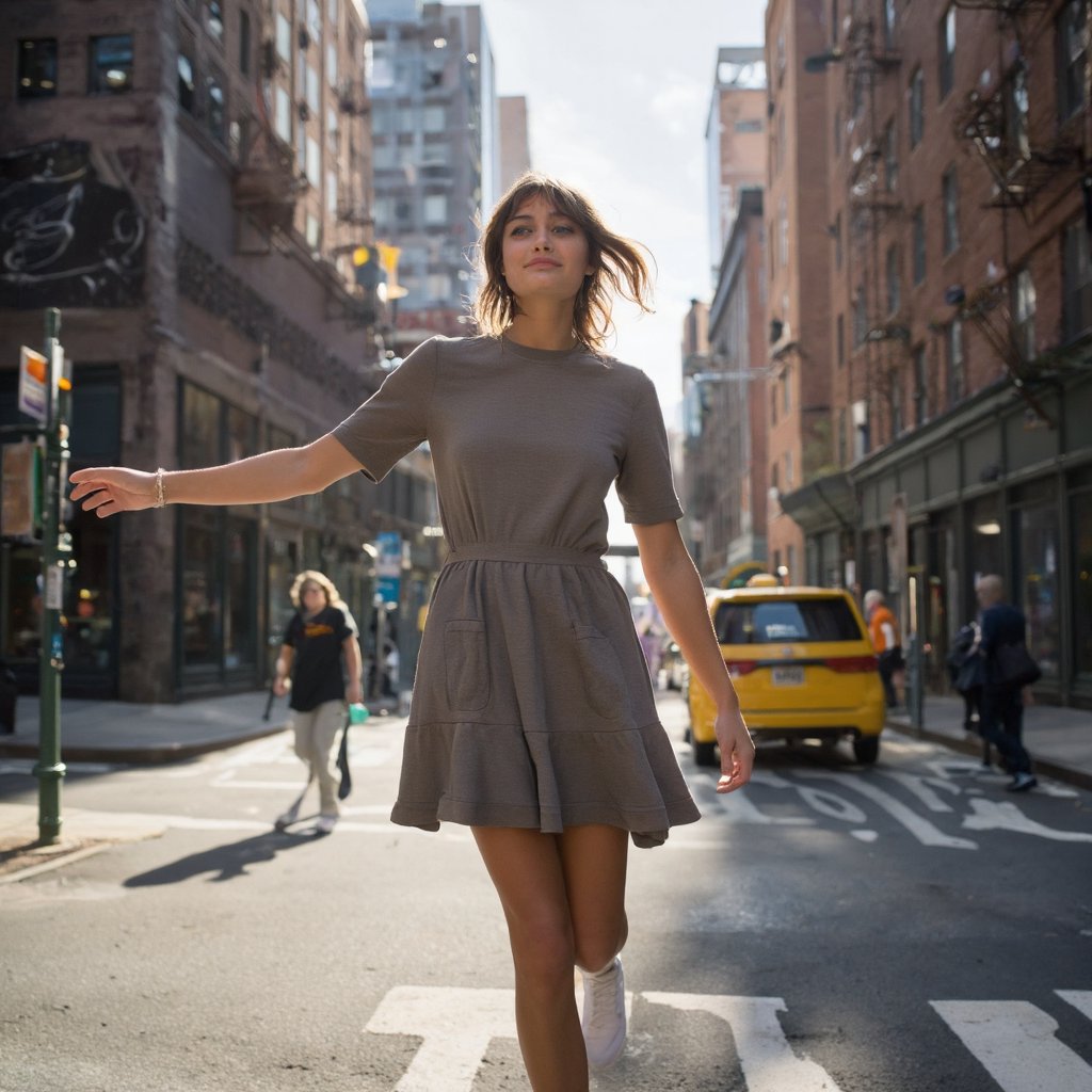 A dynamic urban street photograph captures ella_purnell mid-motion. She wears a gray dress and white sneakers, her hair flowing in the wind. Her arms are outstretched, and she appears to be dancing or leaping. The background shows a bustling city street with tall buildings, a yellow taxi, and pedestrians. The sun casts a warm glow on the scene, highlighting the textures of the buildings and the woman's clothing. The image conveys a sense of freedom, joy, and urban life.