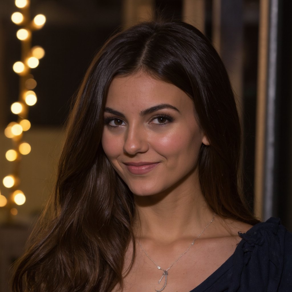 A portrait of victoria_justice captured in a close-up shot. She has fair skin and blue eyes,  and her hair is styled in lo...