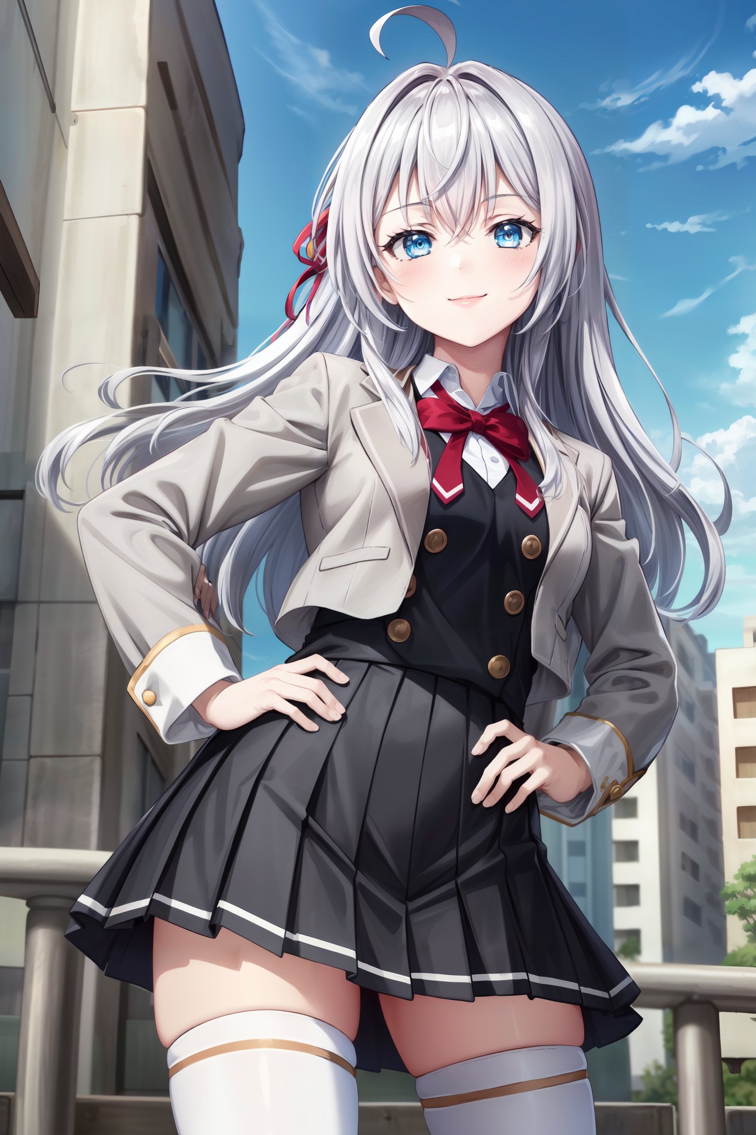 1girl, (((masterpiece, best quality))), (absurdres, absolutely resolution), (8k), (detailed beautiful face and eyes), (detailed illustration), (superfine illustration),   <lora:more_details:0.5>, <lora:alisa_mikhailovna-v2:0.7> alisa_wz, grey hair, long hair, ahoge, sidelocks, medium breasts,  blue eyes, red hair ribbon, school uniform, collared shirt, white shirt, red bowtie, black pinafore dress, pinafore dress,  grey jacket, long sleeves, black skirt, miniskirt, pleated skirt, crossed bangs, open jacket, white thighhighs,  standing, cowboy shot, looking at viewer, smile, hand on hip, outdoors, blue sky