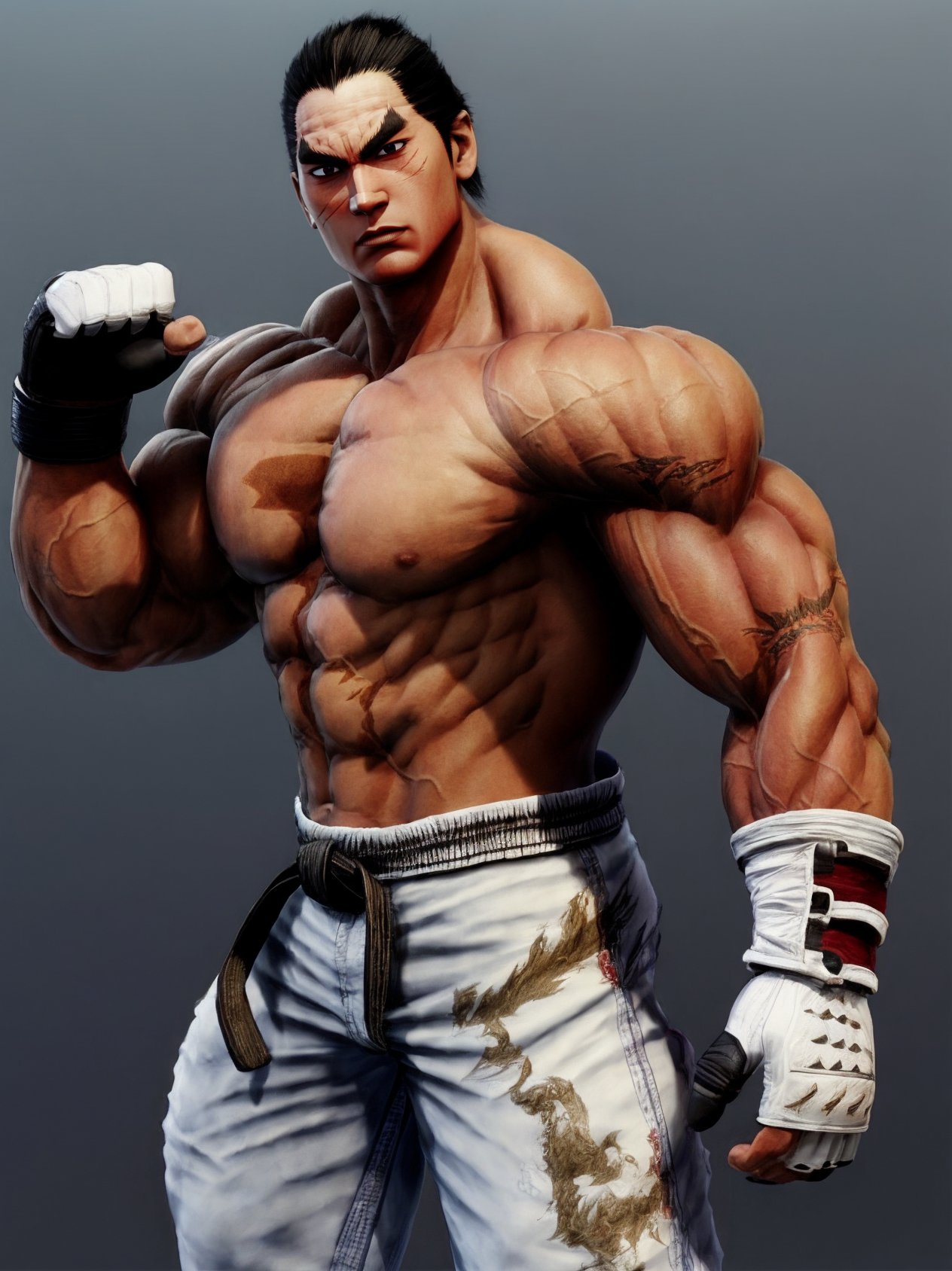 anatomically correct, solo, kazuyamishimasd, heterochromia, thick eyebrows, muscular, bodybuilder, white pants, fingerless gloves, looking at viewer,<lora:Add More Details:0.8> <lora:KazuyaMishima-sd-07:1>