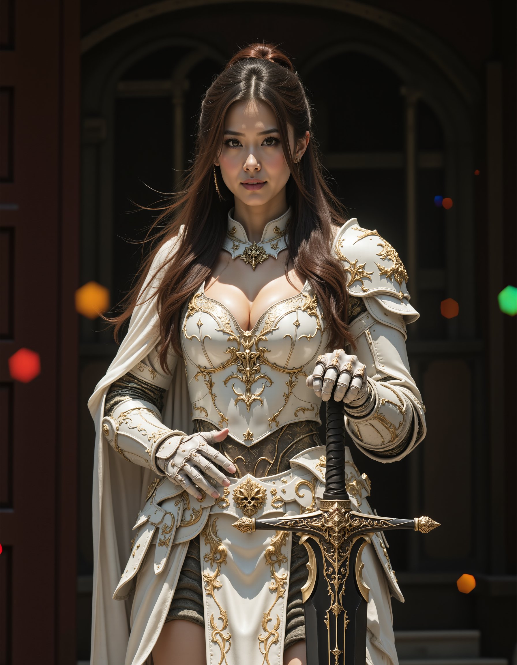 a woman standing along with full white armor, show breasts, cleavage,action to viewer, hand on a ornate sword,seems to be a representation of a knight,hot spring background, dark theme,which is positioned vertically, wearing a costume,high key light, rim light, spark rainbow light reflection,<lora:hinaFluxFantasyArmorMix-dev_v1-rev1:0.6><lora:hinaFluxAsianMixLora_v3-rev1:1>