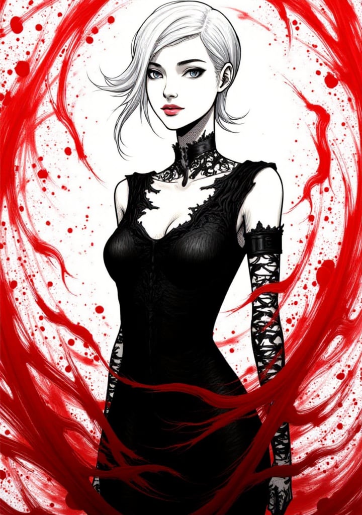 inksplat,  full body ink manga waterolor of a beautiful woman with a subtle smile,  elegant clothes by loraonlyguy on Tens...