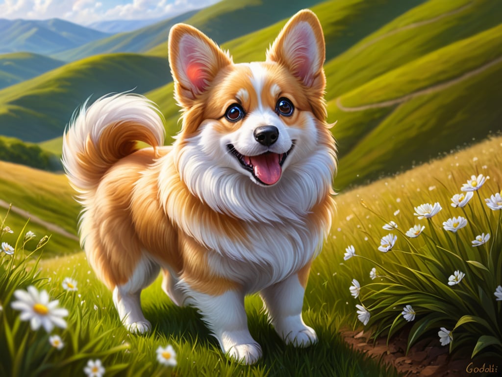 score_9,score_8_up,score_7_up,lots of small parts, ultra detailed,realism, realistic, Solo, fluffy corgi, large eyes, detailed eyes, detailed fur, fluffy, soft, adorable, the goodist of boys,happy, super cute, ultra-adorable, short grass, flowing hills, lots of hills, windy, love,