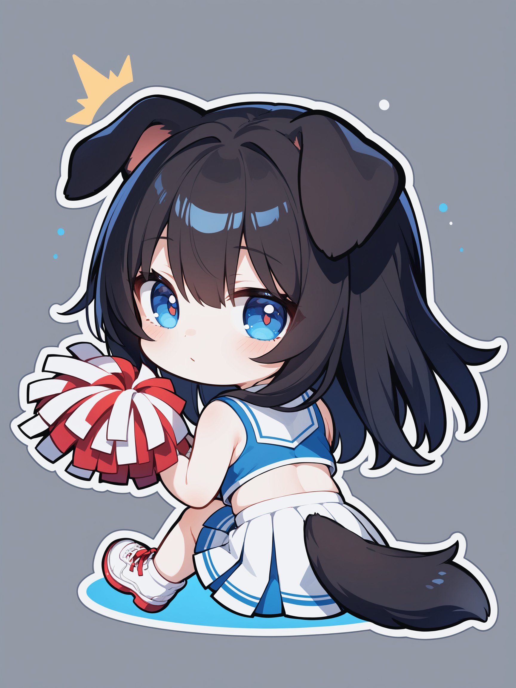 chibi,bright outline,1girl, solo, animal ears,cheerleader, dog tail, skirt, black hair, sitting, dog ears, shoes, dog girl, blue eyes, long hair, from behind,