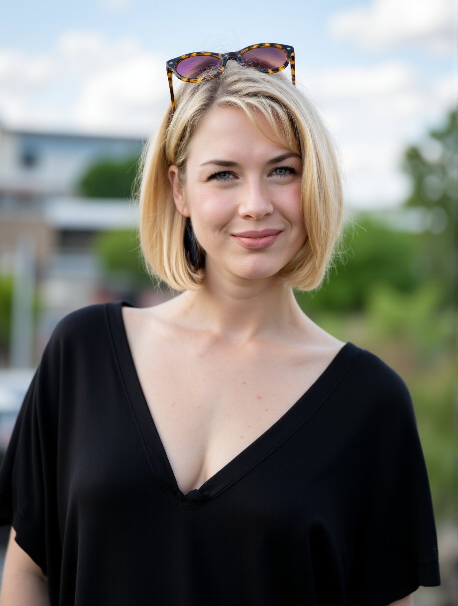 The image is a high-resolution photograph of a young woman with light skin and short, platinum blonde hair, styled in a simple, sleek bob. She has striking blue eyes and a calm, neutral expression. Her lips are slightly parted, and she wears a subtle, natural makeup look with a hint of pink lipstick. She is dressed in a black, loose-fitting top with a V-neckline, which adds a casual yet stylish touch to her appearance. She accessorizes with large, black, dangling earrings that catch the light, adding a touch of elegance. Perched on her head, a pair of sunglasses rests, suggesting she is ready for a sunny day. The background is slightly blurred, but it appears to be an outdoor urban setting with a mix of greenery and architectural structures. The sky is a bright blue with scattered white clouds, indicating a clear day. The overall mood of the photograph is serene and modern, capturing a moment of relaxed confidence. The image is crisp and detailed, highlighting the textures of her hair and clothing, as well as the subtle shadows and highlights on her face.,Renee_Zellweger,<lora:Renee_Zellweger_Flux_V1:1>