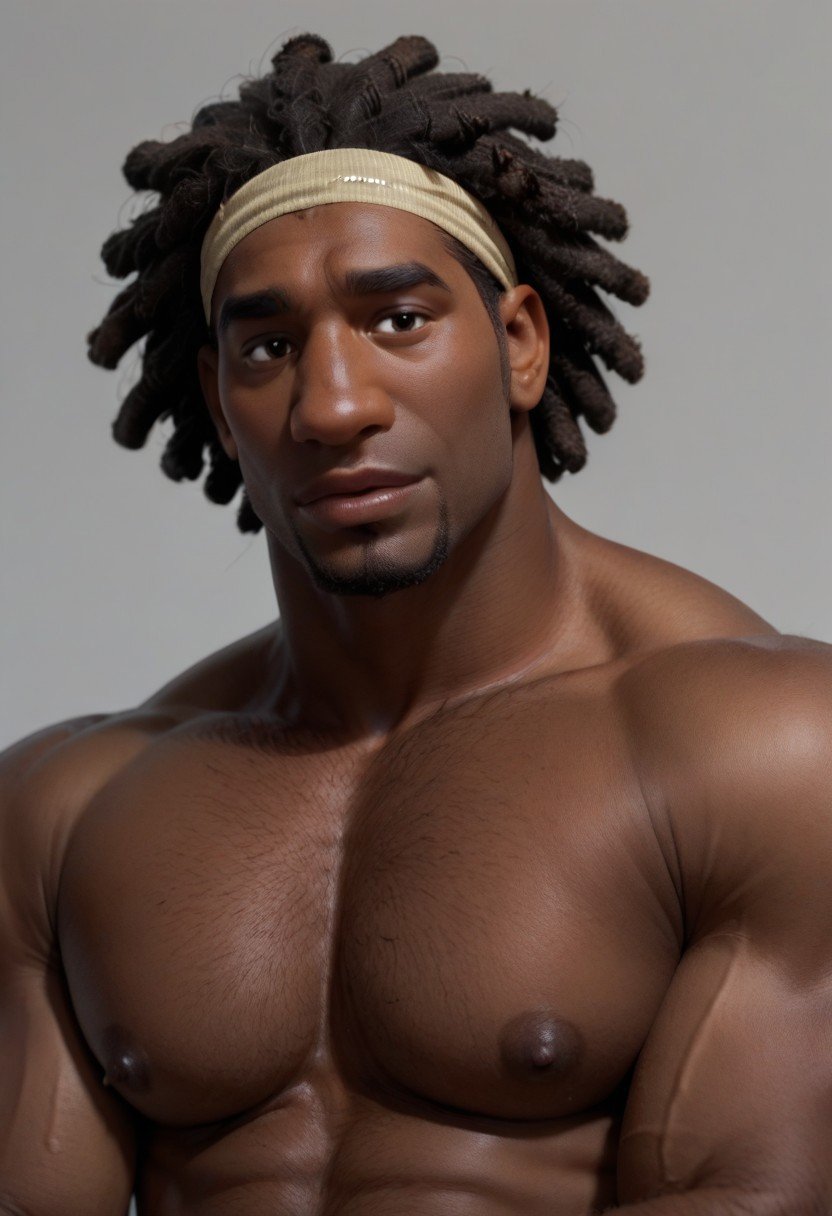 score_9, score_8_up, score_7_up, wasabi_bh6, dark skin, dreadlocks, headband, goatee, shirtless, bara, stubble, portrait, grey background