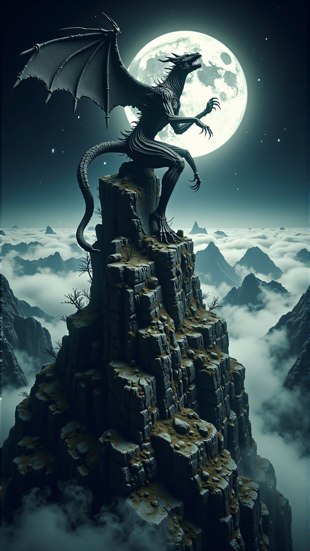 a photorealistic dark horror moody hatred A weathered, stone statue of a mythical creature, perched atop a mountain peak during a lunar eclipse. The atmosphere should be serene and mystical, with the moon and stars casting a soft, ethereal glow on the statue and the surrounding landscape. The statue should show signs of weathering, with moss and vines growing on its surface. The rendering should be highly detailed, with a focus on realism and texture. <lora:DarkmosphericFlux:0.75> professional studio photography