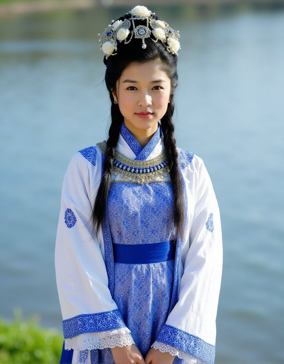 The image is a high-resolution photograph of a young woman standing by a serene lake. She is dressed in a traditional, elaborate outfit that combines elements of Eastern and Western fashion. Her attire includes a blue and white patterned blouse with intricate embroidery and a matching skirt adorned with more intricate designs. The blouse features long sleeves with lace detailing, and she wears a large, ornate necklace that cascades down to her waist, adding to the festive and ornamental nature of her outfit.She has long, black hair styled into two braids that fall over her shoulders, and she wears a large, elaborate headpiece adorned with white flowers and intricate metalwork, suggesting a blend of traditional and modern elements.The background features a calm lake with gentle ripples, suggesting a peaceful, outdoor setting. The water is a mix of blue and green hues, reflecting the sky and adding a serene quality to the scene. The overall mood of the photograph is festive and cultural, with a blend of traditional and modern elements in both her attire and the natural setting.,weixiaojun,  <lora:WeiXiaoJun_Flux_V1:1>