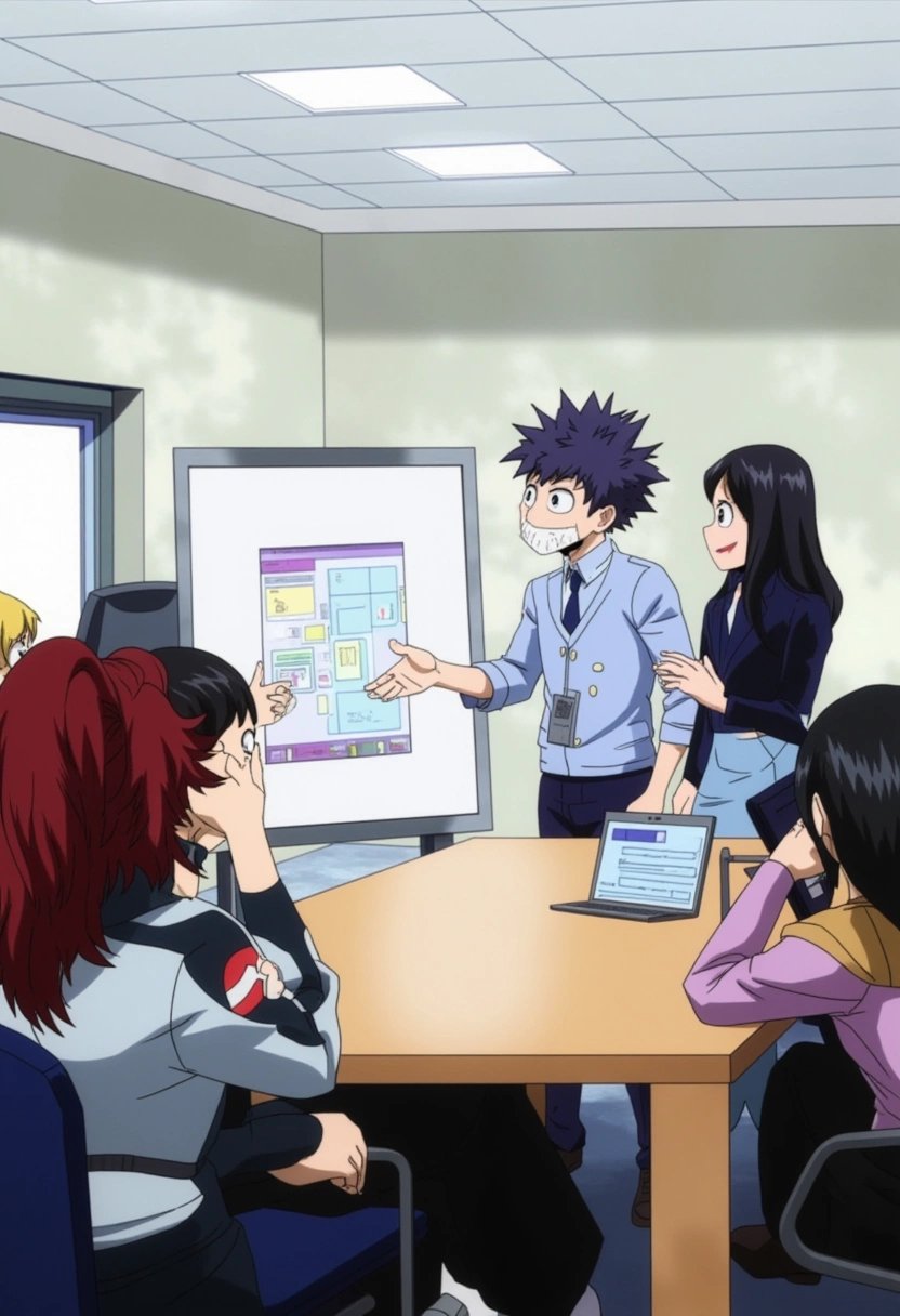 A group of diverse office workers gathered around a meeting table in a high-tech office. One of them, a young man, is presenting a project on a large digital screen, while others listen attentively. The atmosphere is professional yet lively. boku_no_hero_academia_style