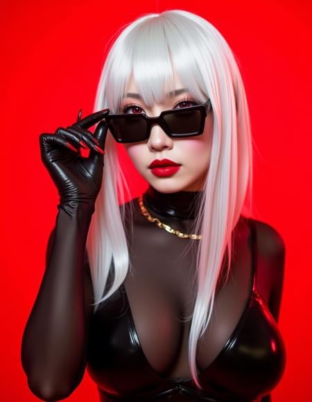 ggasia11k cosplay concept, Cinematic photography of a realistic woman full body photo of pale woman with black latex for skin wearing white wig with Stright hair and super long straigh bangs, her hand with bright red metalic nails, wearing black thin rectangular sunglasses, background is red, detailed, vivid colors. Standing with a perfect pose. Professional photo  <lora:cosplay_flux_V1:0.8>