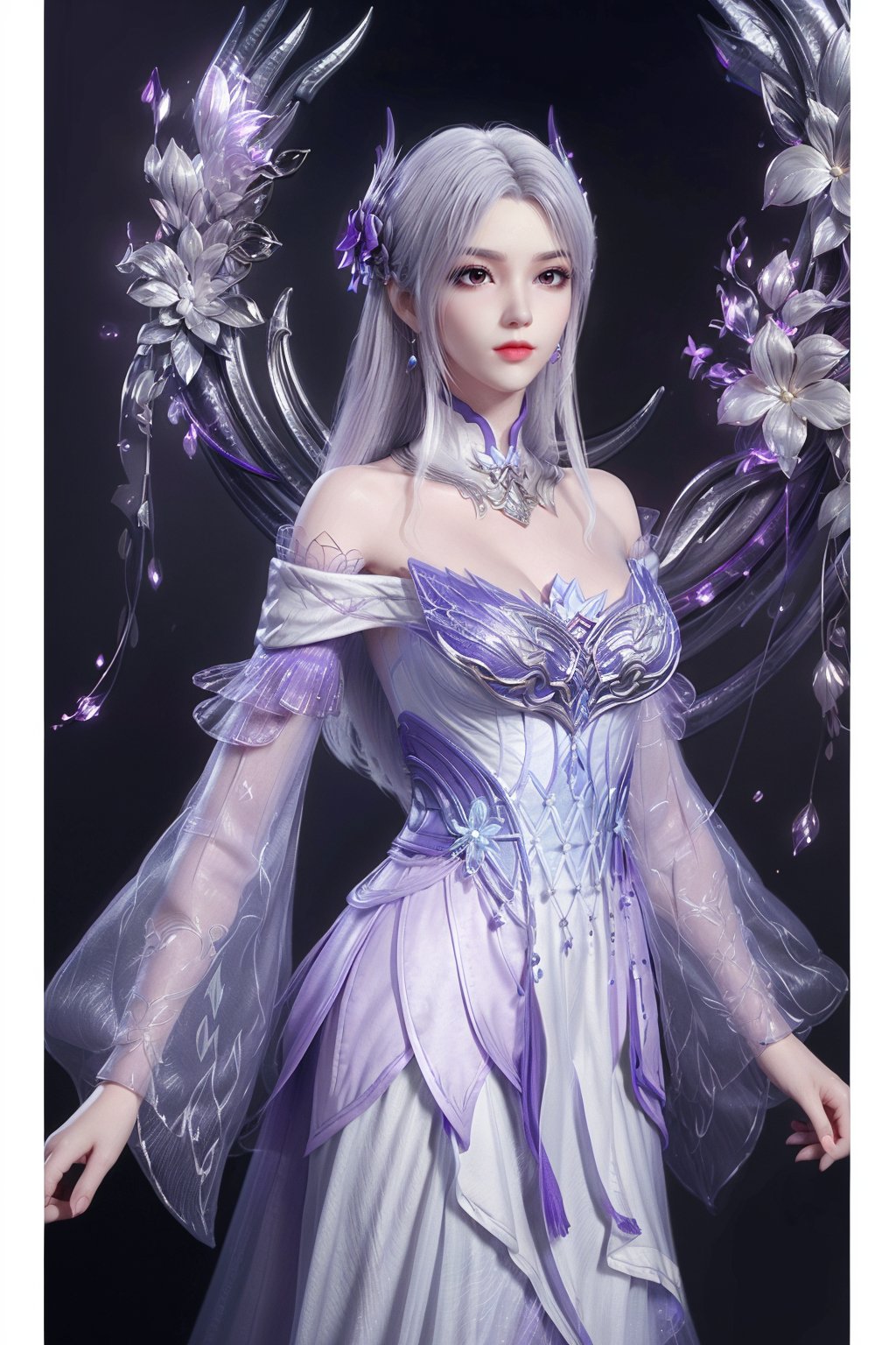 masterpiece,(best quality),light purple hair,official art,extremely detailed cg 8k wallpaper,(extremely delicate and beautiful),large breasts,solo,realistic,photo_\(medium\),cowboy shot,(chinese clothing,,solo,  see-through,wide sleeves, long sleeves,light purple gown,earrings,jewelry, detached sleeves,earrings,bare shoulders,solo,),adfxx0.75NOST4,1girl,long hair,hair ornament,flower garland,white hair,jewelry,<lora:yixian_douzun_2.0:0.7>,adfxx,