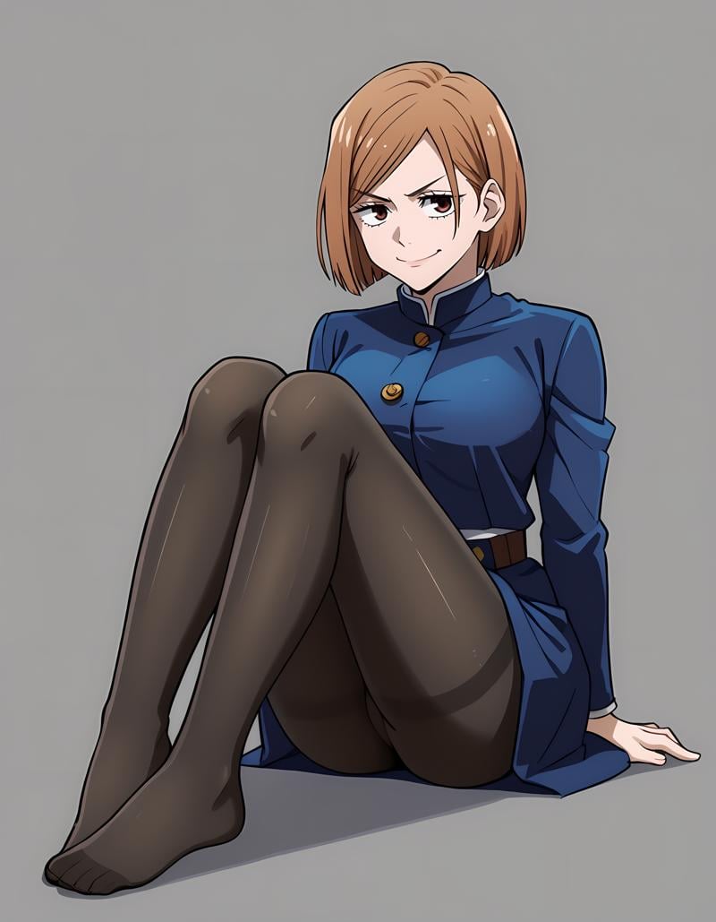 <lora:Nobara_v2:1>1girl, n0bara, jujutsu tech uniform, sitting, pantyhose, foot, smirk, closed mouth, simple background