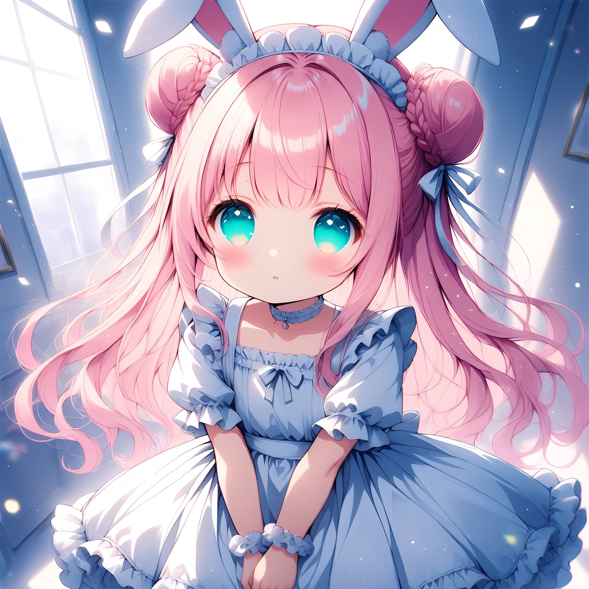 best,anime(rabbit ears),pink hair,double bun,braided bun,wavy long hair,child,aqua eyes,parted_lips,short pointy_ears,white lace-trimmed a lot of frills white cute choker,wrist scrunchie,white Clothes,off-shoulder,clavicle,white gothic near white maid,diagonal angle,room, action view,glitter,detailed lighting,