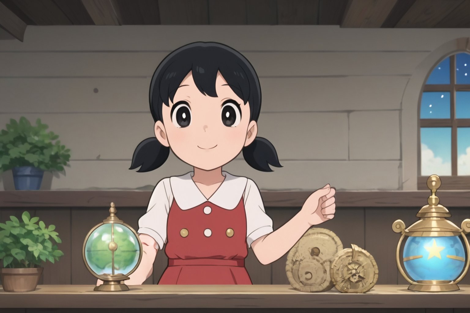 score_9, score_8_up, score_7_up, score_6_up, score_5_up, score_4_up, source_anime,minamoto shizuka, smile, 1girl, solo, low twintails, Teenage girl navigator studying ancient maps in a grand ship's cabin, surrounded by nautical instruments, glowing globe, and exotic artifacts, warm candlelight, tall windows showing a starry night sky and phosphorescent sea, sense of adventure and discovery, child,masterpiece, perfect face, best quality, beautiful eyes, shiny eyes, anime coloring, anime screencap, absurdres, award winning,masterpiece, perfect face, best quality, beautiful girl, cute girl, beautiful eyes, shiny eyes, anime coloring, anime screencap, absurdres, award winning,<lora:minamoto shizuka auti 930 1:0.8>