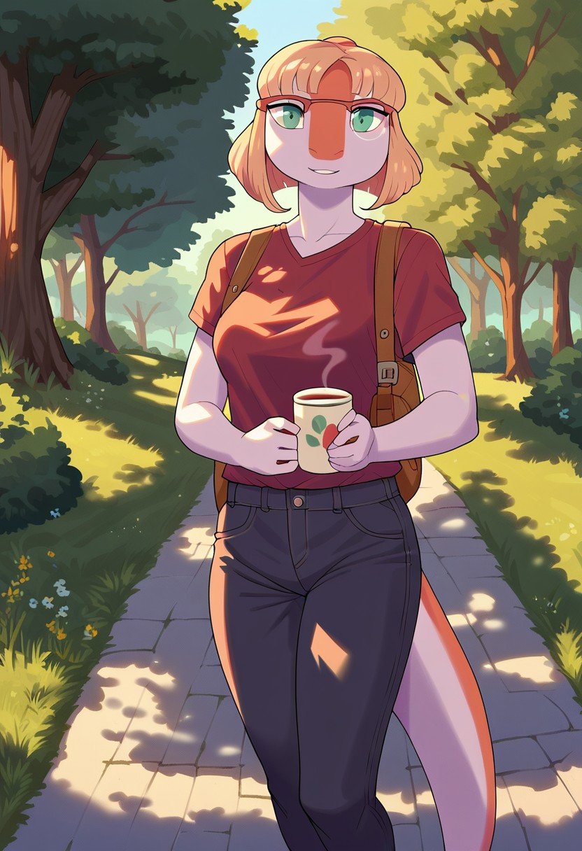 score_9, score_8_up, score_7_up, score_6_up, score_5_up, score_4_up, standing, outside, park, detailed background, cofee, cup of cofee, naomi, 1girl, furry, glasses