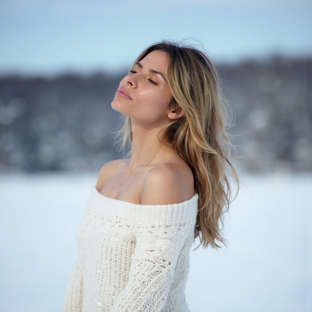 A portrait of sarahshahi standing in a snowy landscape. She wears a white off-shoulder sweater and her blonde hair flows down her back. The woman's eyes are closed, and she has a serene expression. The background is blurred, showing snow-covered trees and a clear sky. The image has a soft, dreamy color palette, with the white of the sweater contrasting against the blue of the snow and trees.