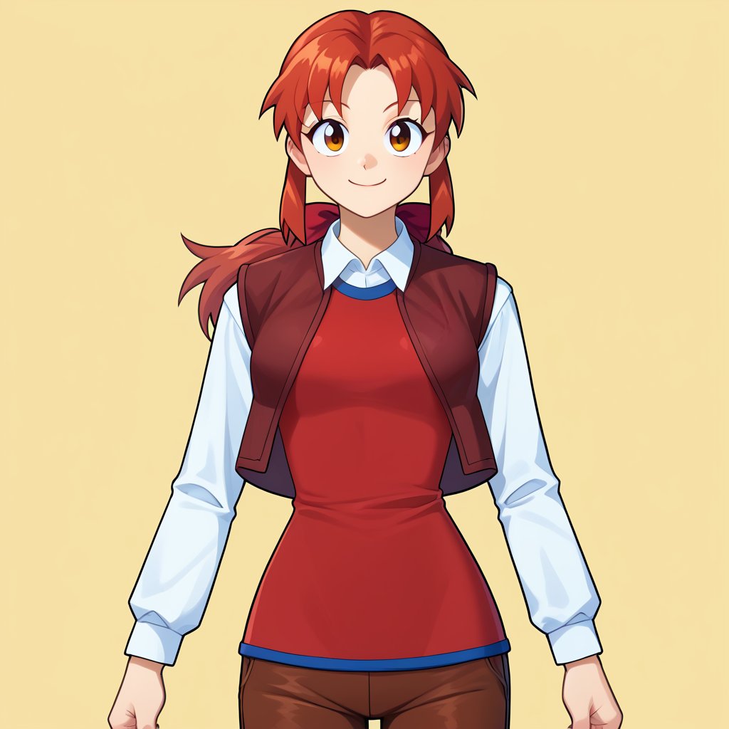 score_9, score_8_up, score_7_up, BREAK source_anime, absurdres, cowboy shot, 1girl, solo, MRHolly, smile, closed mouth, sidelocks, ponytail, red hair bow, red dress, long white sleeves, white collar, BREAK brown capri pants, Brown sweater vest,<lora:MRHolly_SDXL-000005:1.0>