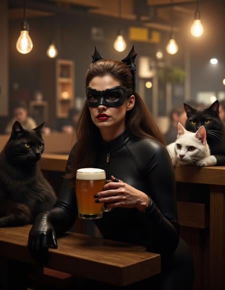 Catwoman is having a beer in a cat café. she is surrounded by cats  <lora:Catwoman2012:0.9>