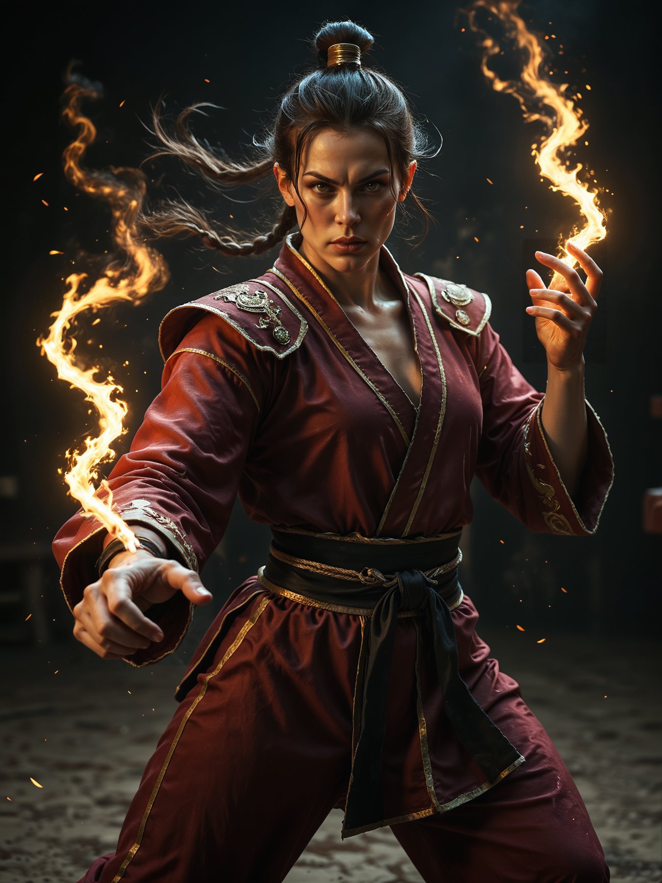 1girl, Fire bender, sexy outfit, flames, sparks, dynamic, powerful, elemental, magic, intense, gaze, martial arts stance, energetic, mystical, sparks, swirling, orange, red, fierce, background, realistic, score_9, score_8_up, score_7_up, score_6_up