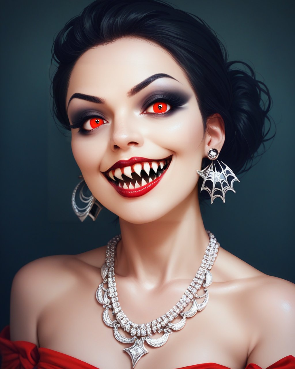 score_9_up, score_8_up, score_7_up, halloween makeup, jewelry, 1girl, necklace, earrings, red eyes, red lips, makeup, black hair, solo, teeth, lipstick, dress, smile, bare shoulders, sharp teeth, portrait, looking at viewer, <lora:NeoNi_HMUP:0.7>