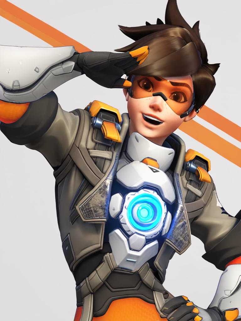 Tracer, 1girl (1.00), tracer (overwatch) (0.98), solo (0.97), goggles (0.91), smile (0.90), spiked hair (0.85), orange goggles (0.82), short hair (0.80), gloves (0.75), open mouth (0.74), jacket (0.67), looking at viewer (0.65), two-finger salute (0.63), white background (0.62), chest harness (0.62), harness (0.59), hand on own hip (0.59), upper body (0.56), brown hair (0.54), black hair (0.51), <lora:Tracer:0.8>