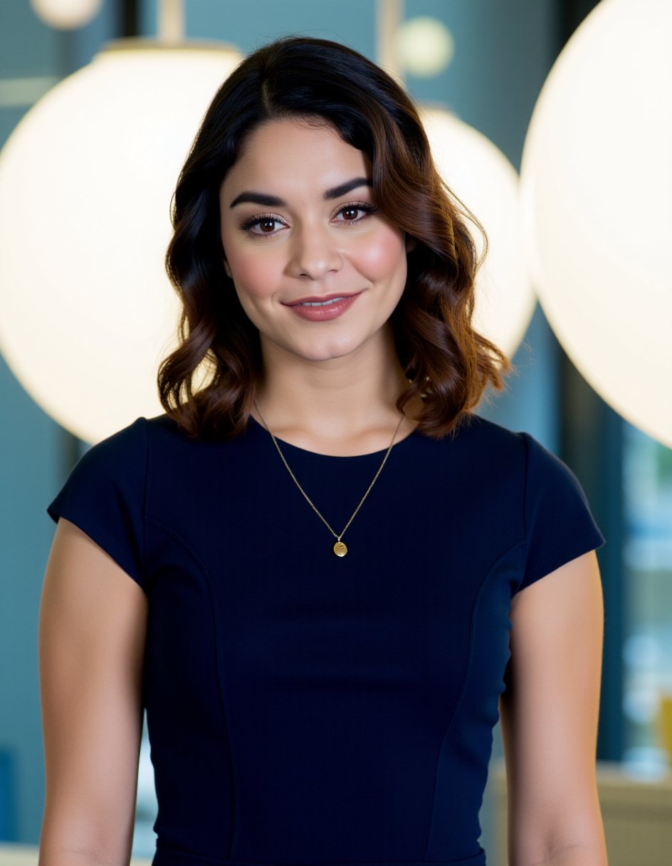 This is a high-resolution photograph featuring a young woman with medium-length, wavy dark brown hair styled in loose curls that frame her face. She has light brown skin and is wearing a simple, short-sleeved, navy blue dress that fits snugly, accentuating her slender physique. Around her neck, she wears a delicate, gold necklace with a small pendant. Her expression is neutral, with a slight hint of a smile on her lips, and her dark brown eyes are focused directly at the camera, giving a sense of engagement.The background is slightly blurred but clearly shows an indoor setting with a modern, minimalist design. Large, round white pendant lights hang from the ceiling, emitting a soft glow that creates a warm ambiance. The walls are made of glass, allowing the lights to reflect, adding a subtle, ethereal effect. The overall color scheme is cool, with the dominant colors being shades of blue and white. The setting suggests an office or a professional space, possibly a conference room or a corporate office environment. The image captures a moment of calm and professionalism, with the subject's attire and posture reflecting a poised and confident demeanor.,Vanessa_Hudgens, <lora:Vanessa_Hudgens_Flux_V1:1>