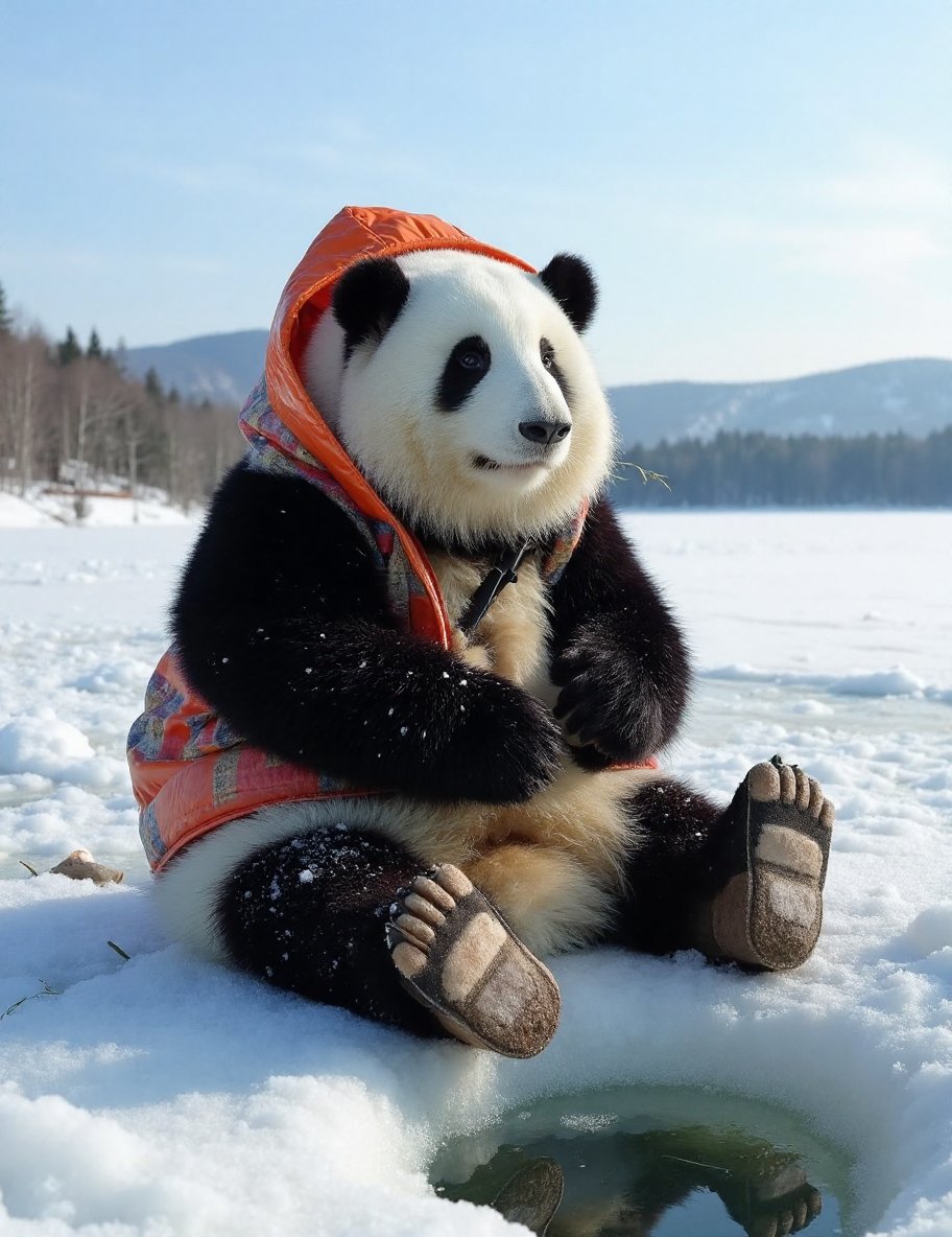 The image is a high-resolution photograph of a charming panda named Huahua, depicted sitting on the frozen surface of a serene lake in Finland. Huahua has her distinctive black and white fur, and she is dressed in a cozy winter outfit, complete with a thick parka, snow boots, and a warm hat with ear flaps. The outfit is detailed with fur lining and bright, contrasting colors, adding warmth and vibrancy to the cold setting.Huahua's round, chubby body is covered in thick, soft fur, with black patches around her ears, eyes, and legs. Her expression is one of focused concentration and calm as she sits by a small ice hole, holding a fishing rod in her paws. The fishing rod is simple yet sturdy, with the line disappearing into the icy water below.The background features the stunning Finnish landscape, with snow-covered trees, distant mountains, and a clear, pale blue sky. The ice on the lake is thick and clear, with a few other fishing holes visible nearby, indicating that ice fishing is a common activity in the area. The lighting is natural and soft, reflecting off the snow and ice, highlighting the details of Huahua’s fur and winter outfit.The overall composition of the image focuses on Huahua, making her the primary subject and capturing the unique and whimsical nature of a panda enjoying the peaceful and traditional Finnish activity of ice fishing, blending her cute appearance with the beautiful and tranquil winter landscape.,huahua, <lora:huahua_panda_Flux_V1-000002:1>