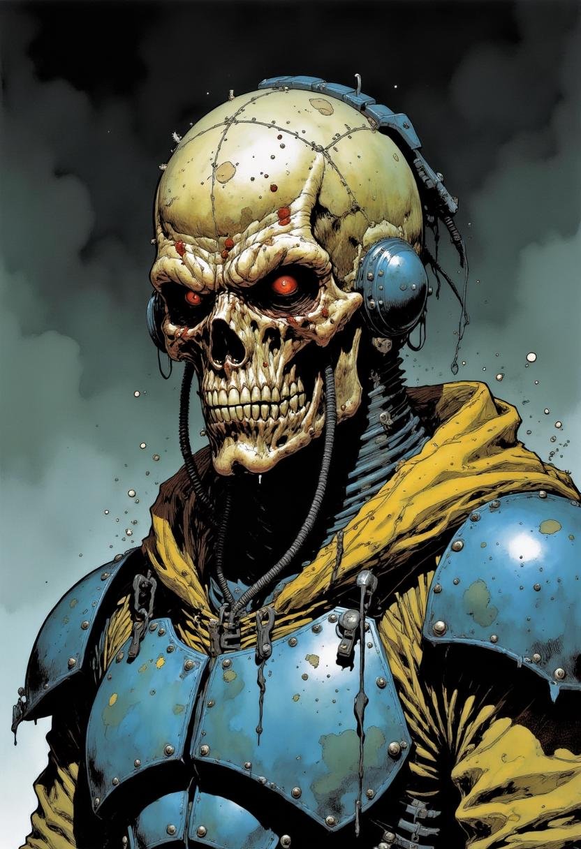 This image is a highly detailed digital illustration in a dark, gritty style. The central subject is a menacing skeletal figure, likely human, adorned with a metallic, blue, and yellow armor. The skull is hollow with sunken eye sockets and a gaping, toothy grin, exuding a sinister and haunted expression. The skull is covered in a patchwork of exposed, aged bone and flesh, giving it a worn and decayed appearance. The figure's head is encased in a large, bulky, blue helmet with visible wires and cables, suggesting advanced technology or cybernetic integration. The armor, which covers the shoulders and chest, is a mix of blue and yellow, with visible rivets and seams, adding to the industrial, post-apocalyptic aesthetic. The yellow fabric beneath the armor is tattered and worn, showing signs of use and damage. The background is a gradient of dark, smoky hues, with hints of gray and black, enhancing the ominous atmosphere. Small particles or debris are scattered around the figure, contributing to the sense of a desolate, dystopian environment. The overall composition and color palette evoke a sense of danger and foreboding, making the image both eerie and captivating. Mangaka style. <lora:Mangaka_3012:1.0>