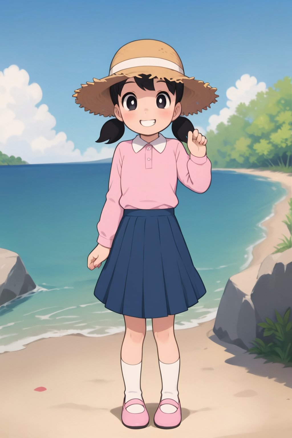 score_9, score_8_up, score_7_up, score_6_up, score_5_up, score_4_up, source_anime,minamoto sizuka,1girl, outdoors, hat, solo, skirt, twintails, black hair, socks, sky, shirt, blue skirt, beach, smile, day, cloud, shoes, black eyes, pink footwear, ocean, white socks, looking at viewer, long sleeves, pink shirt, blue sky, standing, full body, pleated skirt, bright pupils, short twintails, water, child, white pupils, collared shirt, blush, grin, straw hat, sun hat, hand up, low twintails,masterpiece, perfect face, best quality, beautiful girl, cute girl, beautiful eyes, shiny eyes, anime coloring, anime screencap, absurdres, award winning, full body,<lora:minamoto shizuka auti 930 1:0.8>