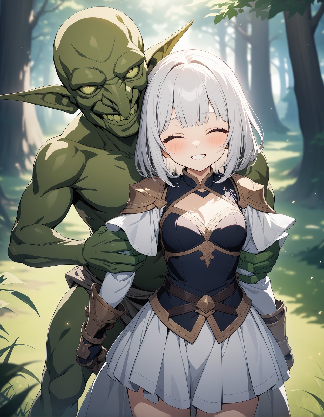 white hair, medium hair, blunt bangs, small breasts, 1girl, armored dress, shoulder armor, hetero, hug from behind, smile, closed eyes, happy, cowboy shot, looking at viewer, standing, <lora:GoblinXL_LoRA-C3Lier_AdamW_Dim4_Alpha4_5e-5_4batch_CosineAnnealingLR_animagineXLV3_v30Base:1>, 1boy, goblin, waistcoat, grass, forest, tree shade, lens flare, game cg, masterpiece, best quality, highres, newest, late